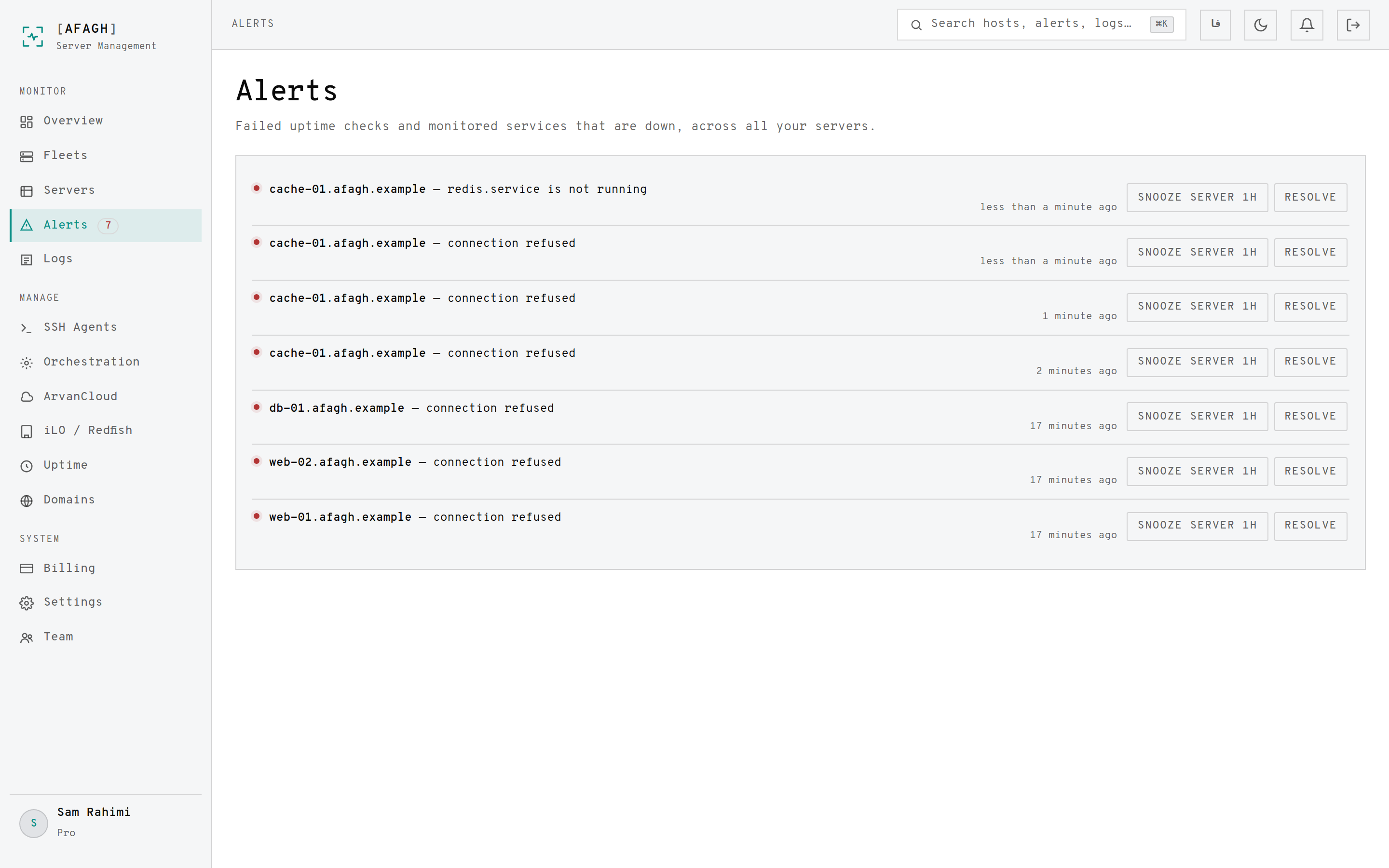 The alerts page listing open alerts with snooze and resolve actions