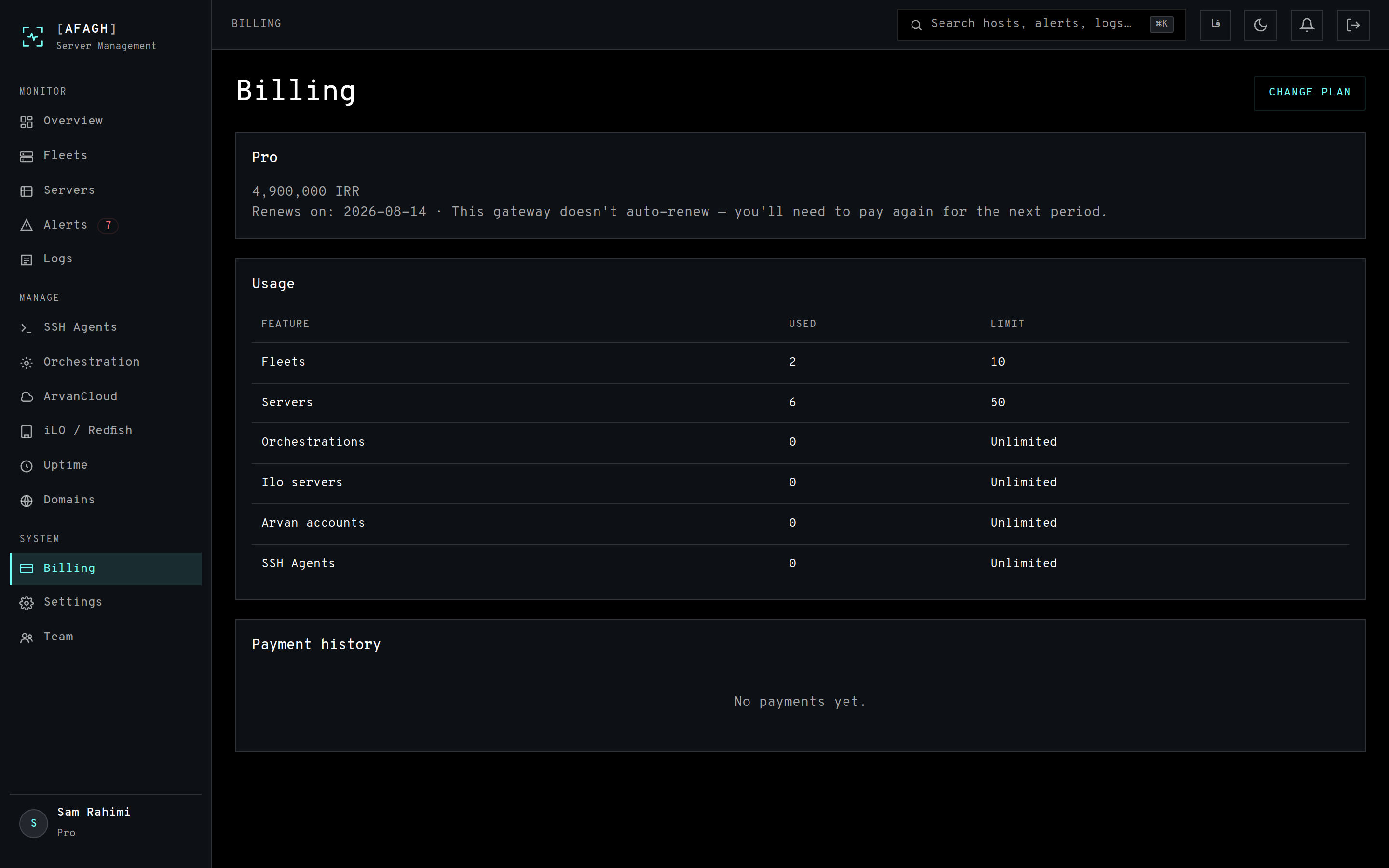 The billing page showing plan usage against limits