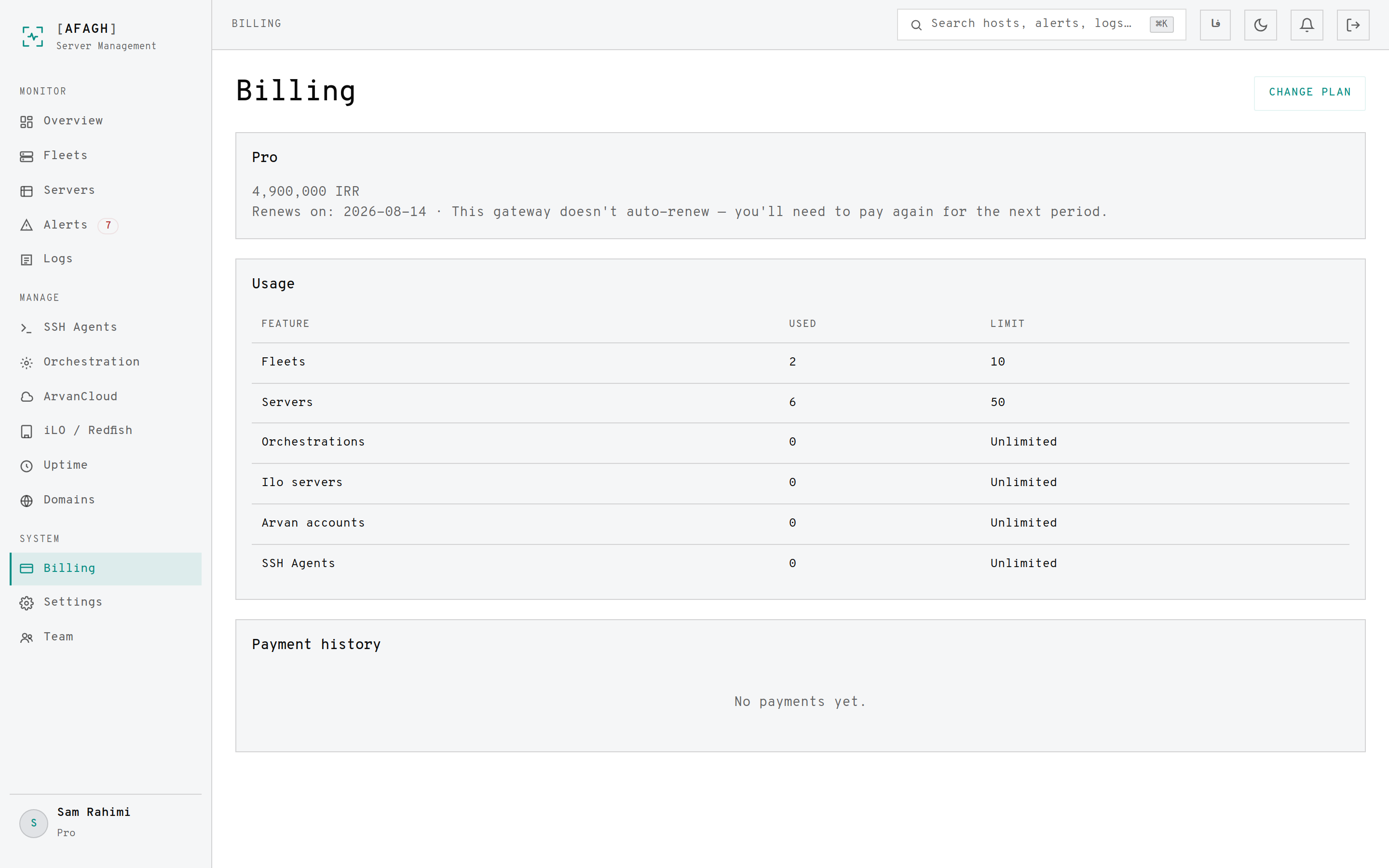 The billing page showing plan usage against limits