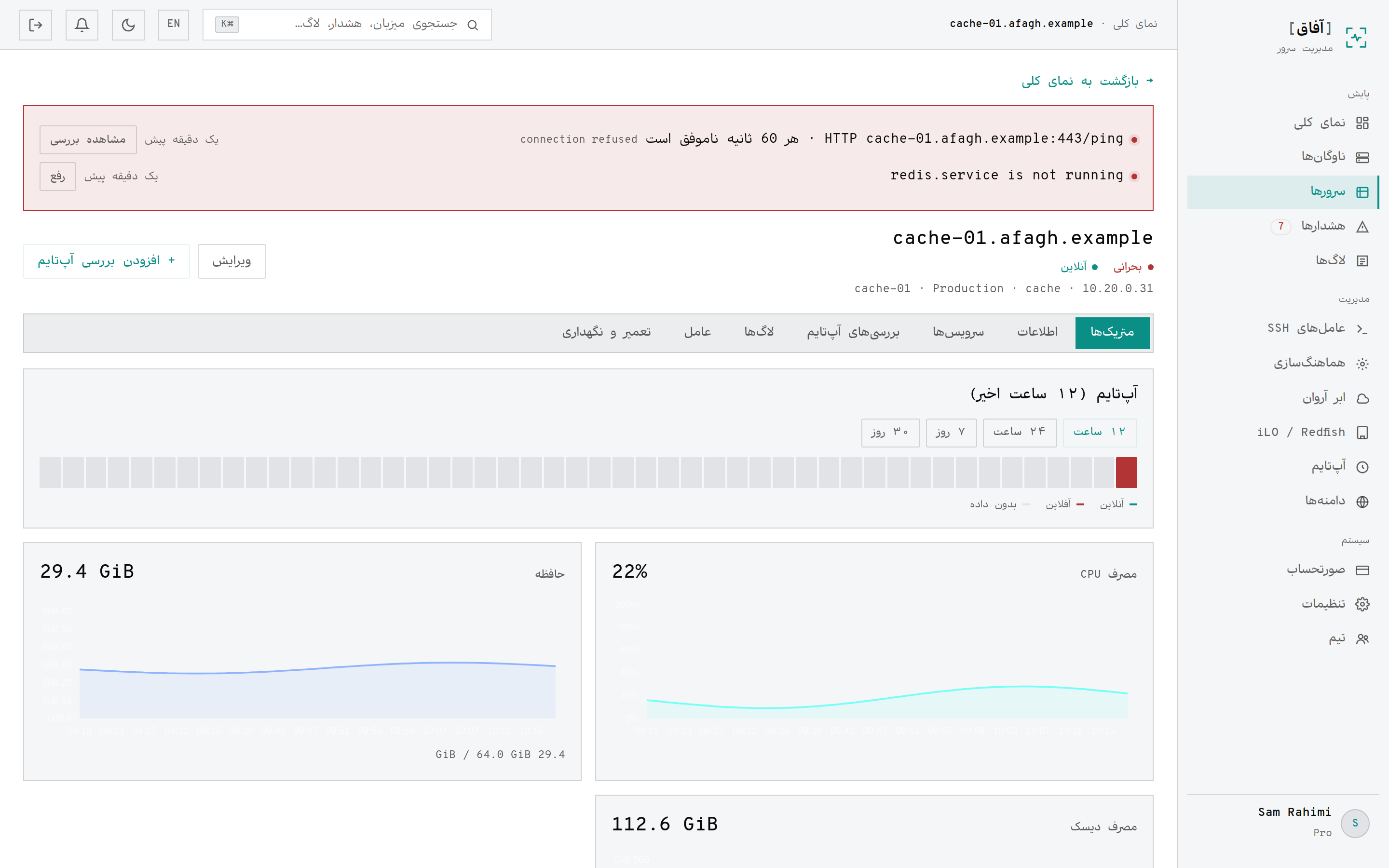 صفحهٔ سرور با بنر هشدار، نوار آپ‌تایم و نمودارهای معیارها