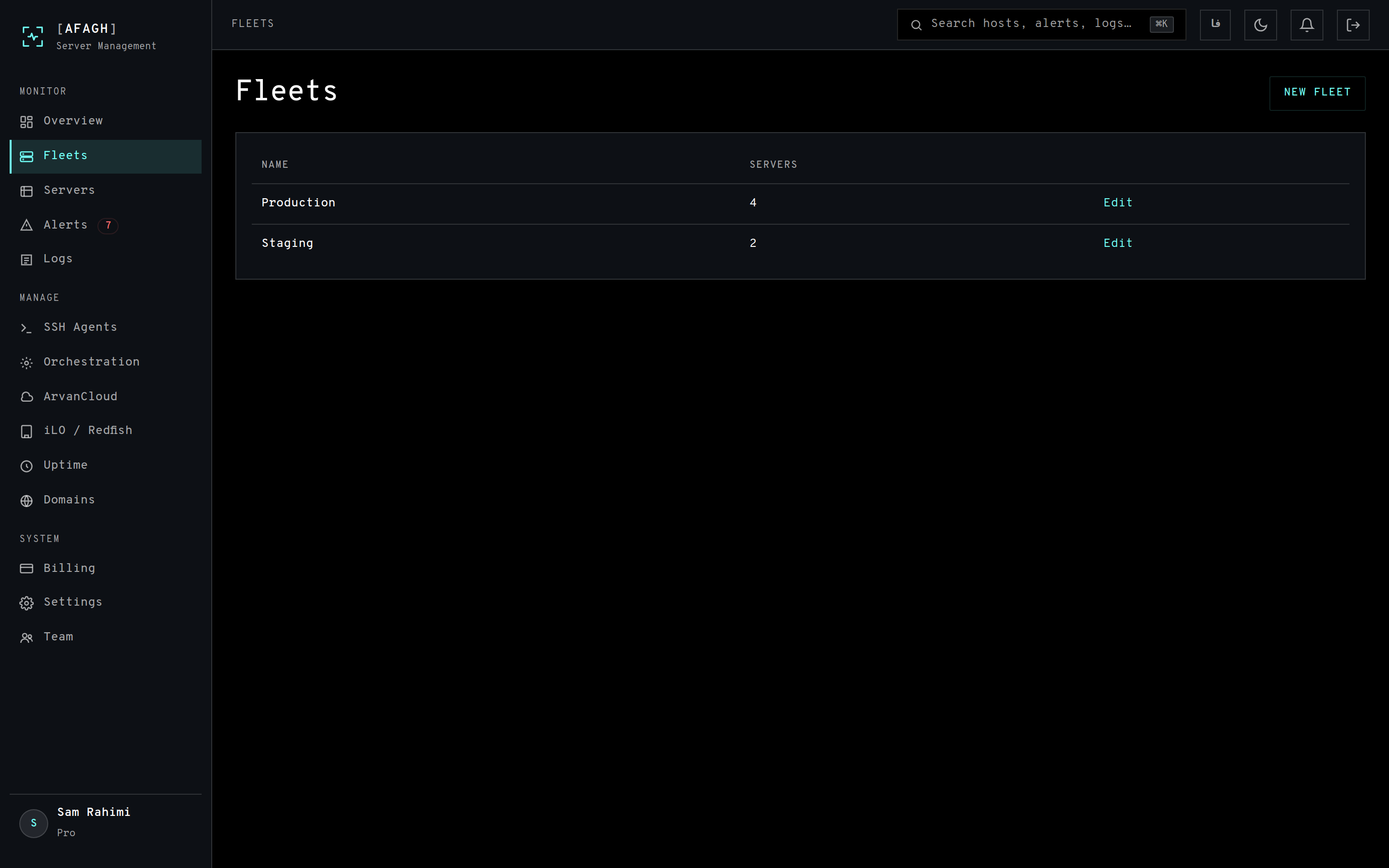 The Fleets page listing each fleet with its server count