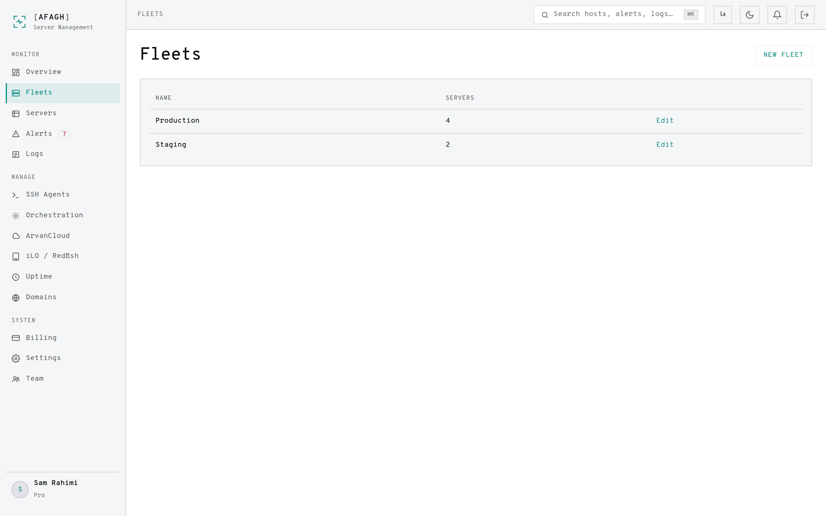 The Fleets page listing each fleet with its server count