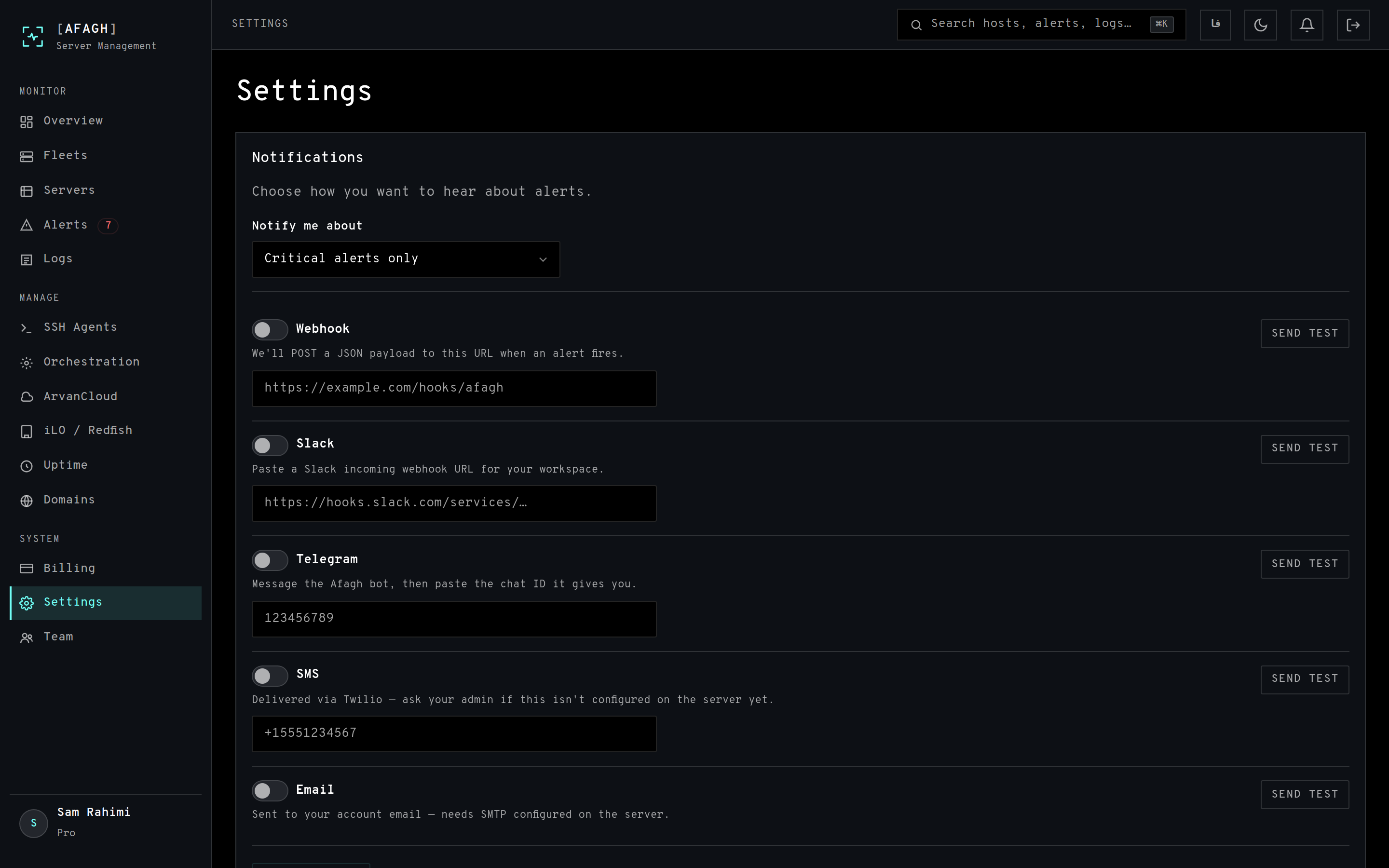 The settings page with notification channel configuration