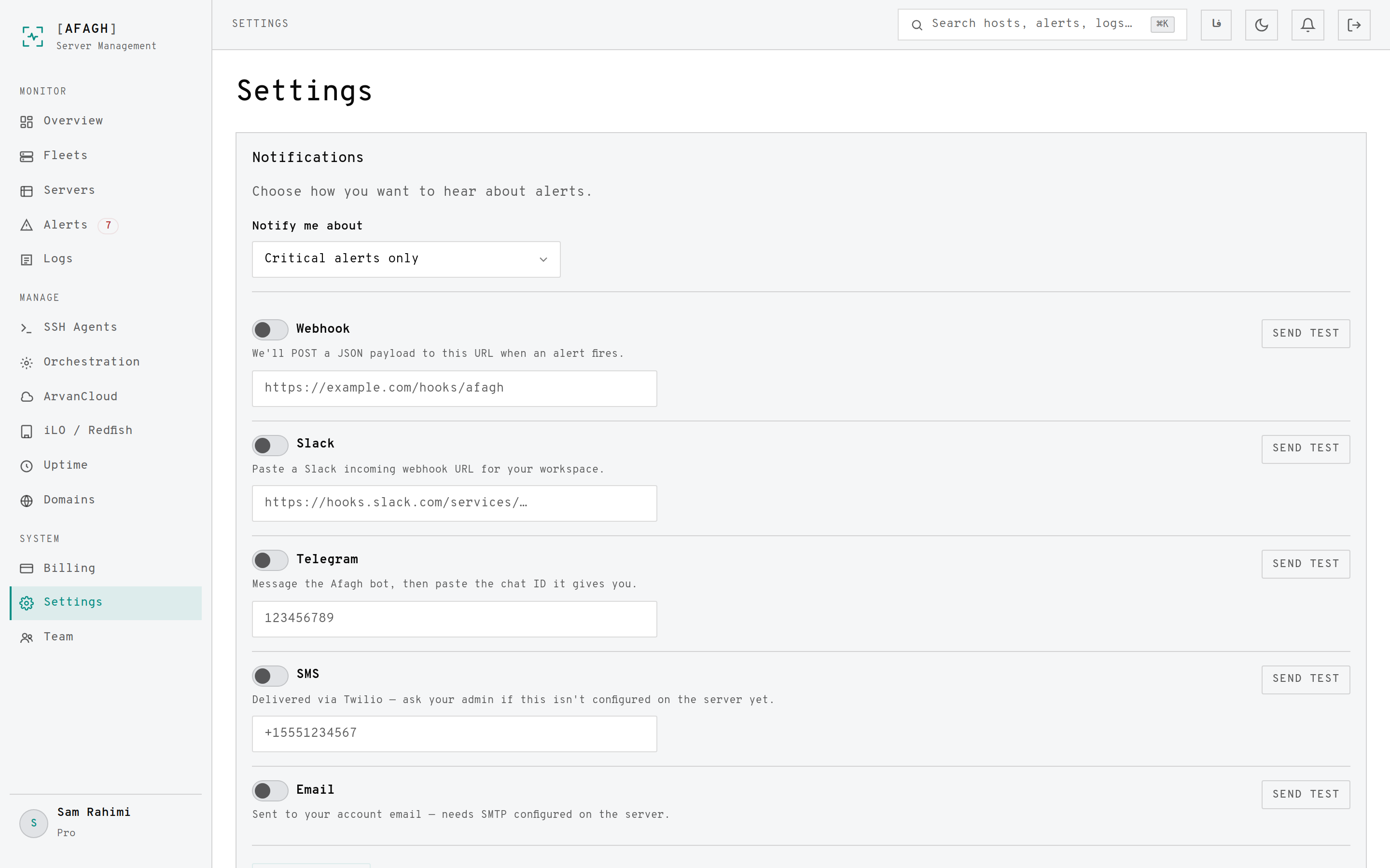 The settings page with notification channel configuration