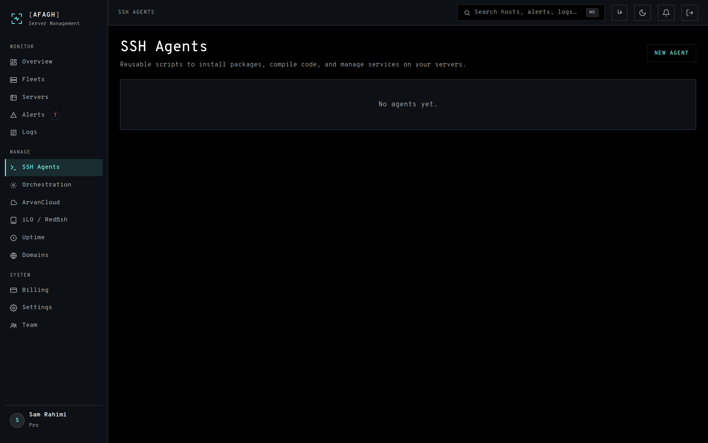 The SSH agents page listing reusable scripts