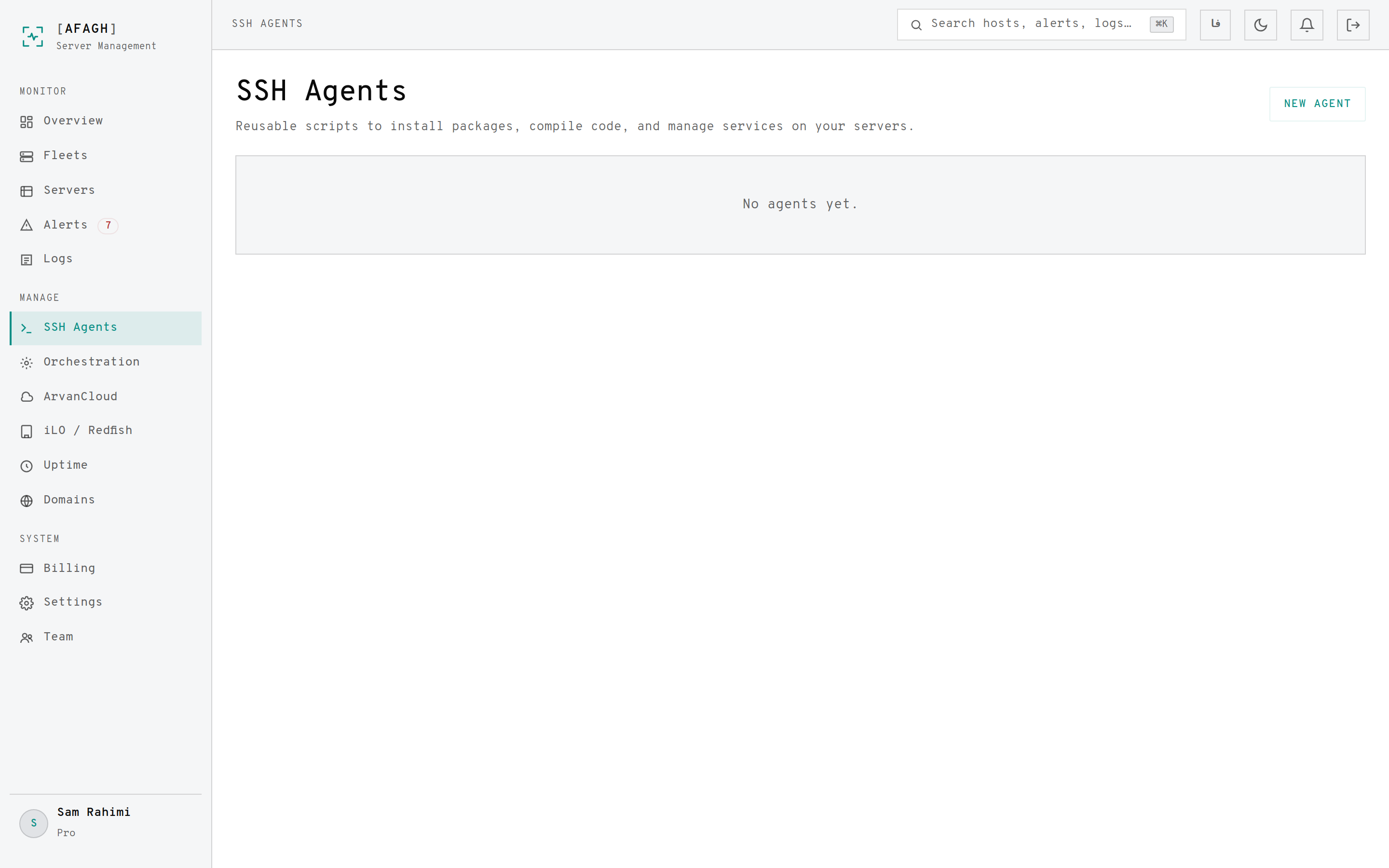 The SSH agents page listing reusable scripts